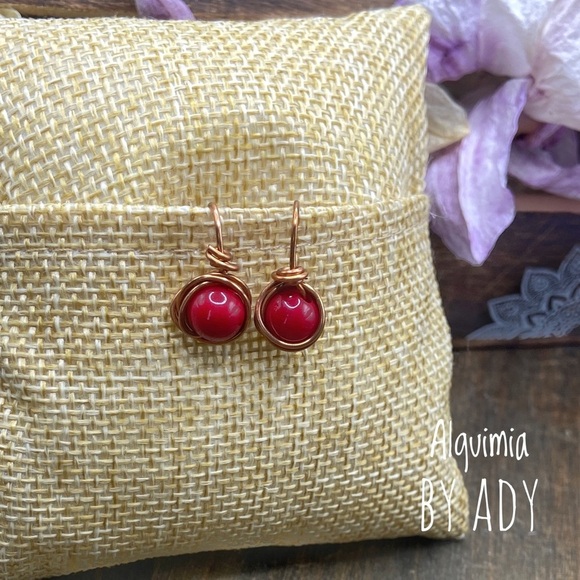 Copper and Coral studs wire wrap statement drops earrings - Picture 1 of 2